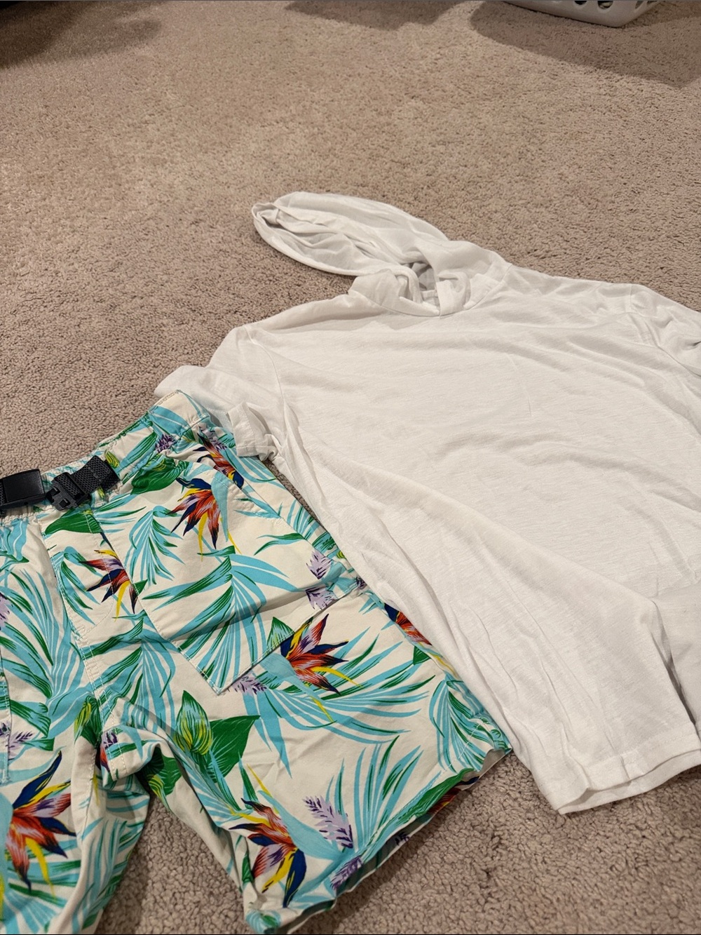White Lightweight Hoodie & Tropical Leaf Print Shorts